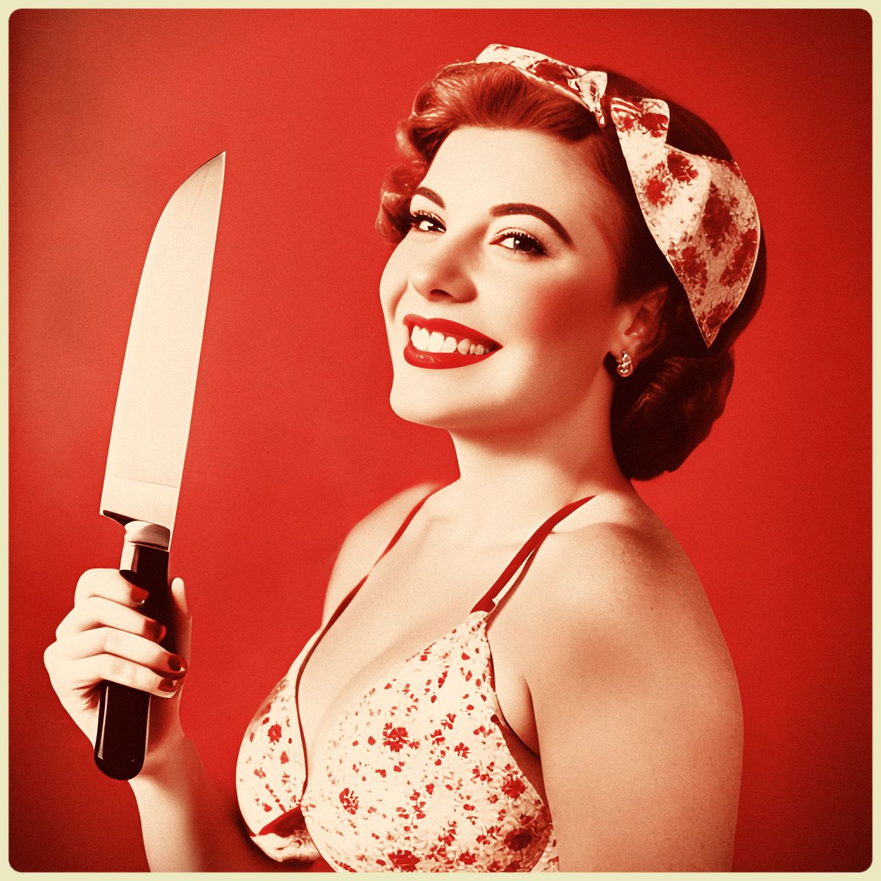 50's housewife with a butcher knife