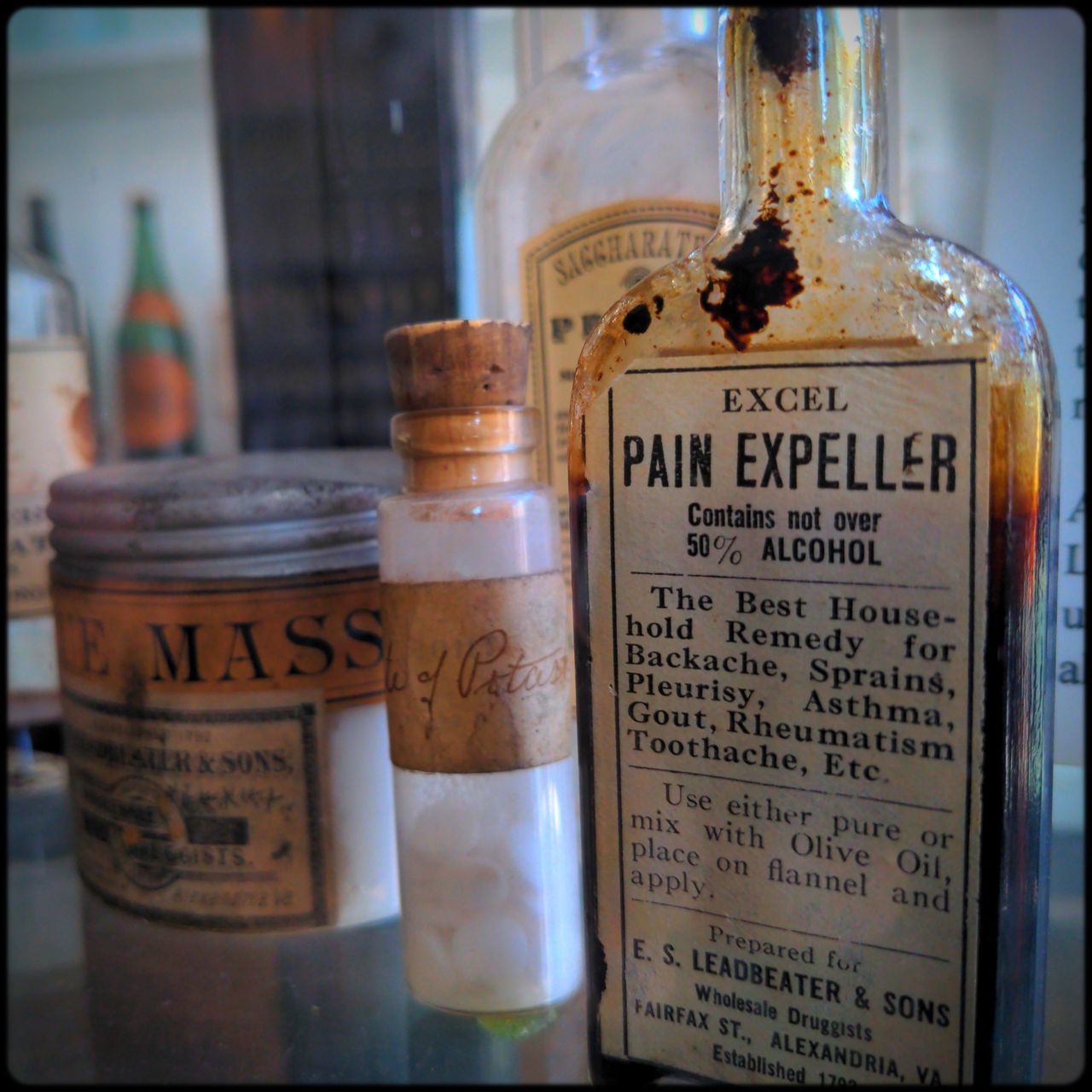 close up of a bottle of pain expeller from the apothecary museum